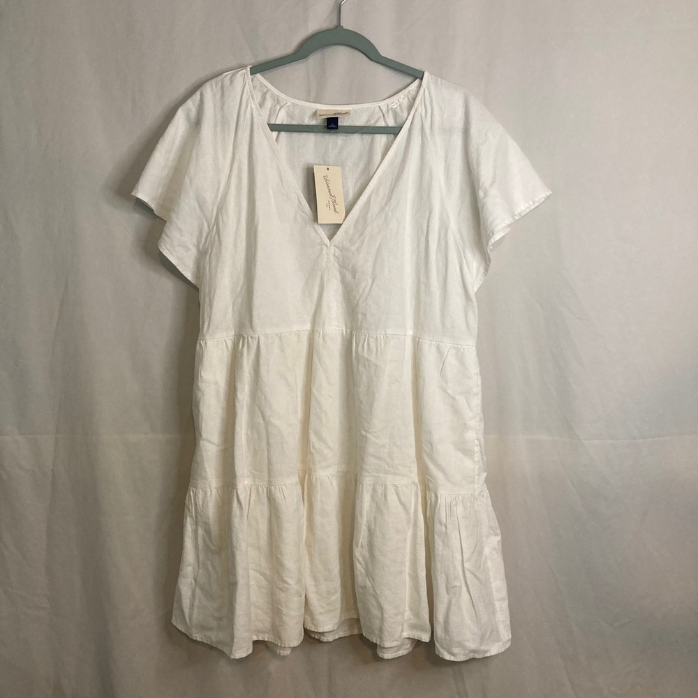 NWT White Linen Blend Tiered V-Neck Mini Babydoll Dress Universal Thread XL